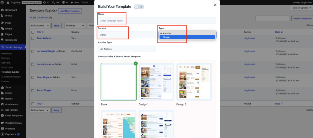 Tourfic Bricks Page Builder 2 build template