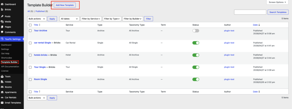 Tourfic Bricks Page Builder 1 template builder